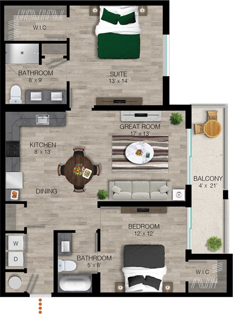 a floor plan of a two bedroom apartment with two bathrooms and a balcony at The Orchard at Portofino Vineyards, Florida, 32149